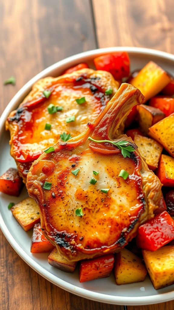 Crispy air fryer boneless pork chops garnished with herbs, served with roasted vegetables on a rustic table.